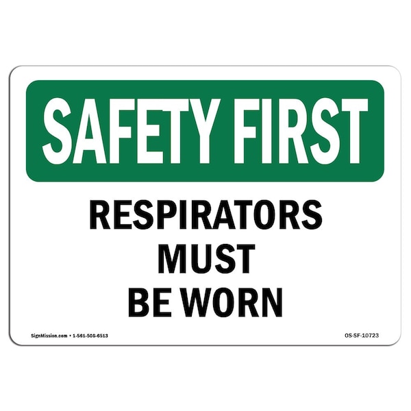 OSHA Sign, Respirators Must Worn, 5in X 3.5in Decal, 10PK, 5" W, 3.5" H, Landscape, PK10